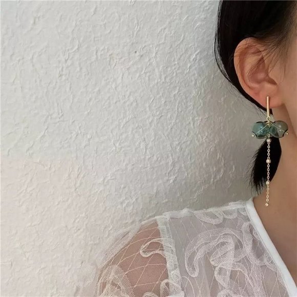 *50% OFF! Bauble sphere earrings bohemian retro glass gold teal dangle drop Y2k - Picture 2 of 3